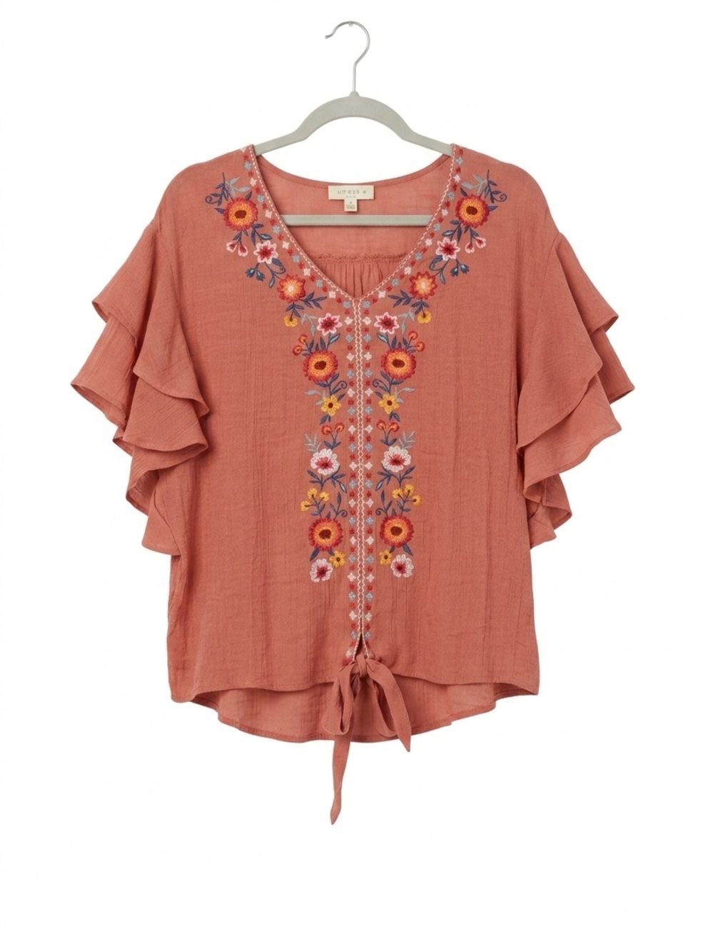 Umgee Mauve Embroidered Ruffle Sleeve Tie-Hem Blouse
